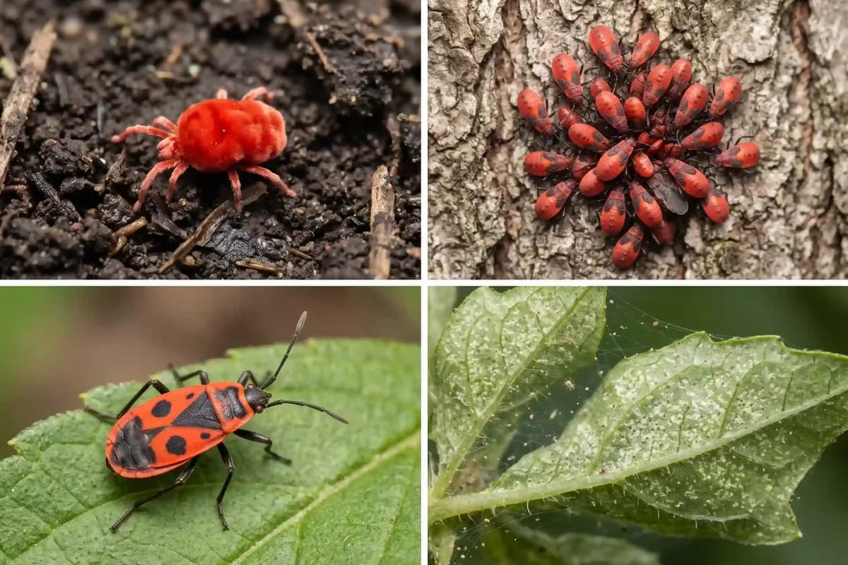 Red velvet mite, red bug nymphs, firebug and spider mite damage