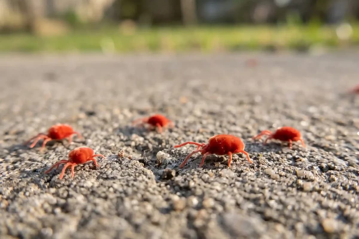 Tiny red mites crawling on a sunny concrete patio