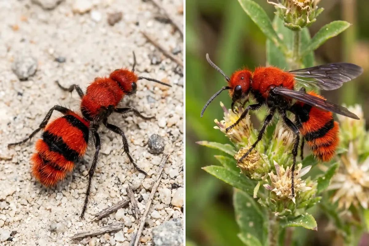 Female and male velvet ants side by side