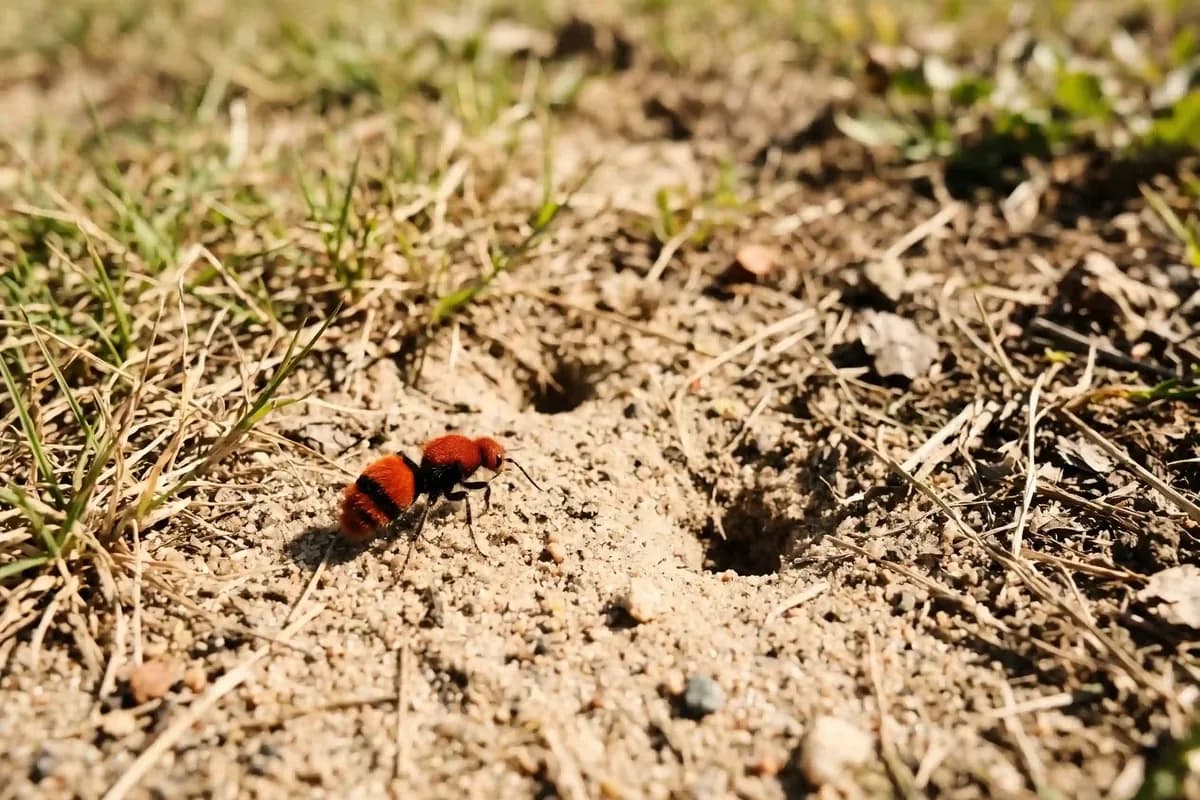 Velvet ant crossing a sandy patch of lawn near ground nests