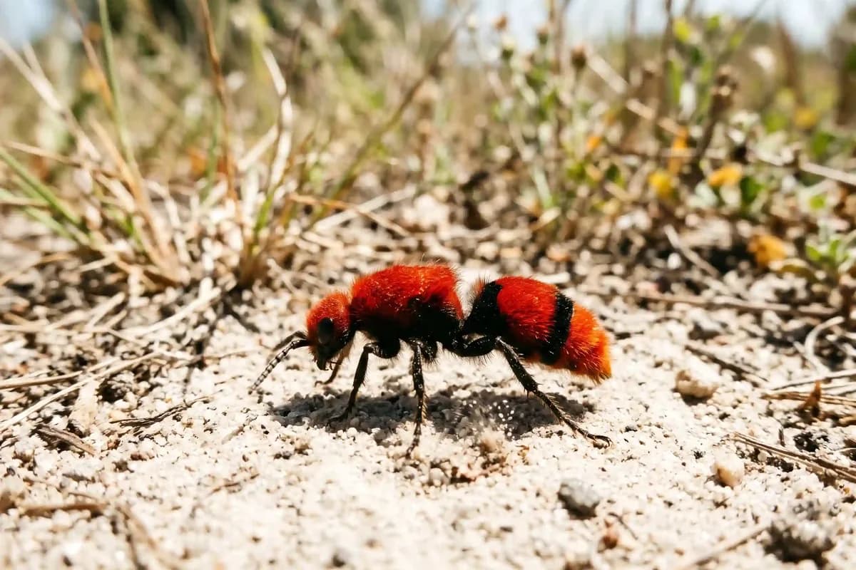 Fuzzy red and black wingless wasp running across sandy ground