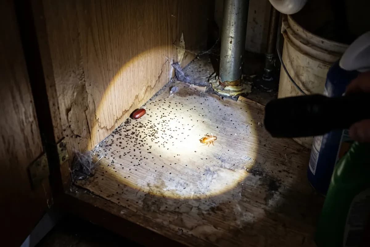Signs of a cockroach infestation: droppings, an egg case and a shed skin