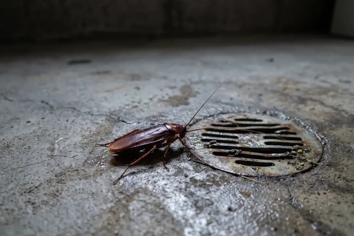 Large shiny dark brown cockroach near a floor drain in a basement