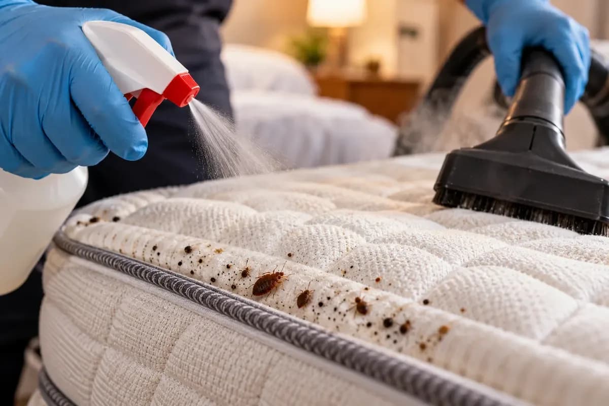 Treating a mattress seam infested with bed bugs and fecal spotting