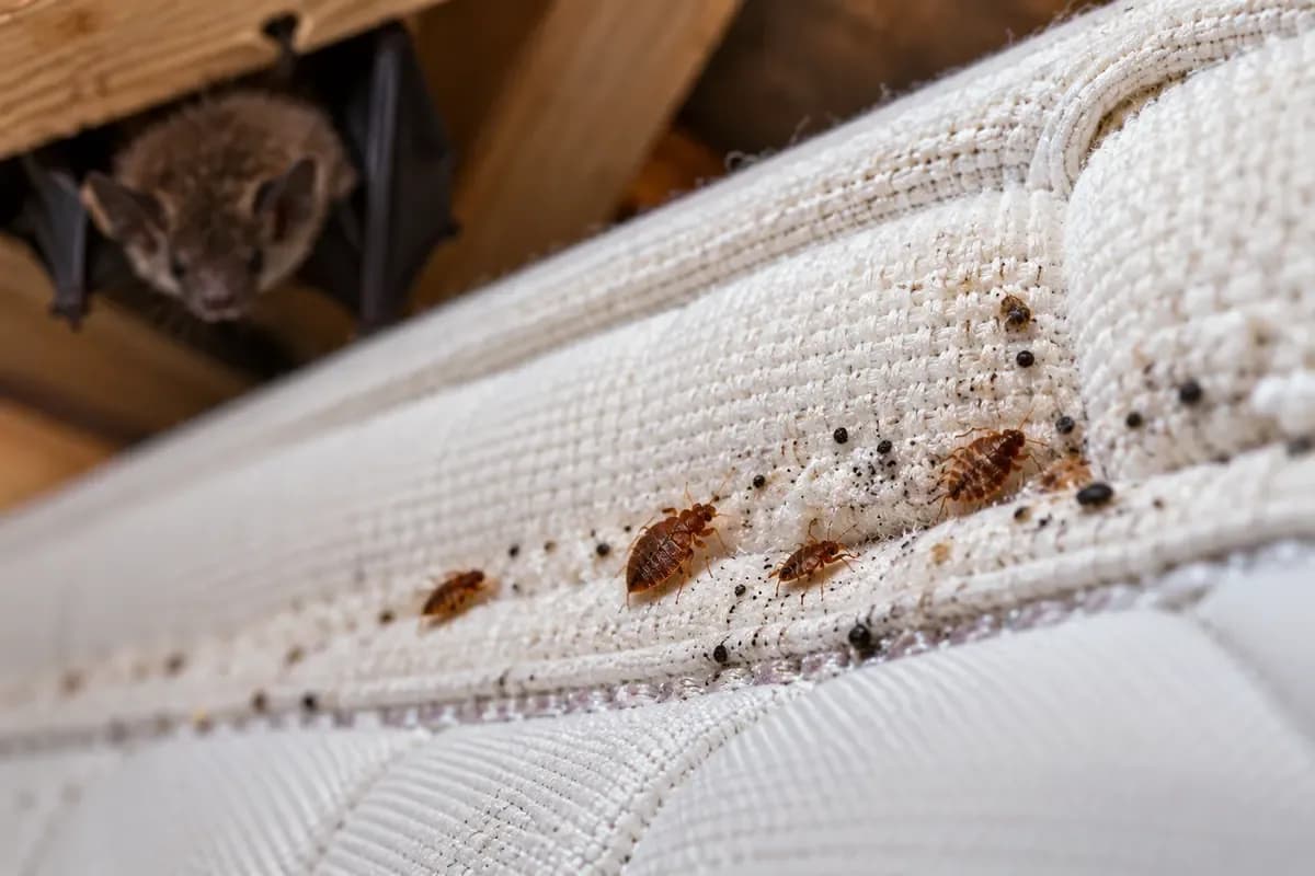 Bed bugs on a seam with a bat roosting in the background, showing how bat bugs are linked to roosts