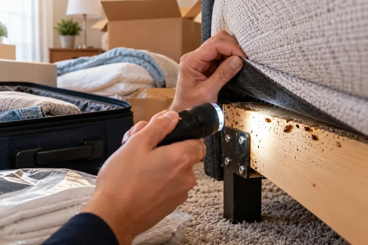 Inspecting the seams and folds of an upholstered couch for bed bugs before a move