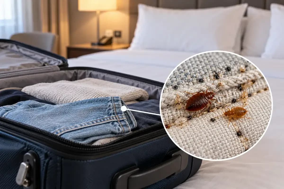 Inspecting a hotel mattress corner with luggage nearby for signs of bed bugs