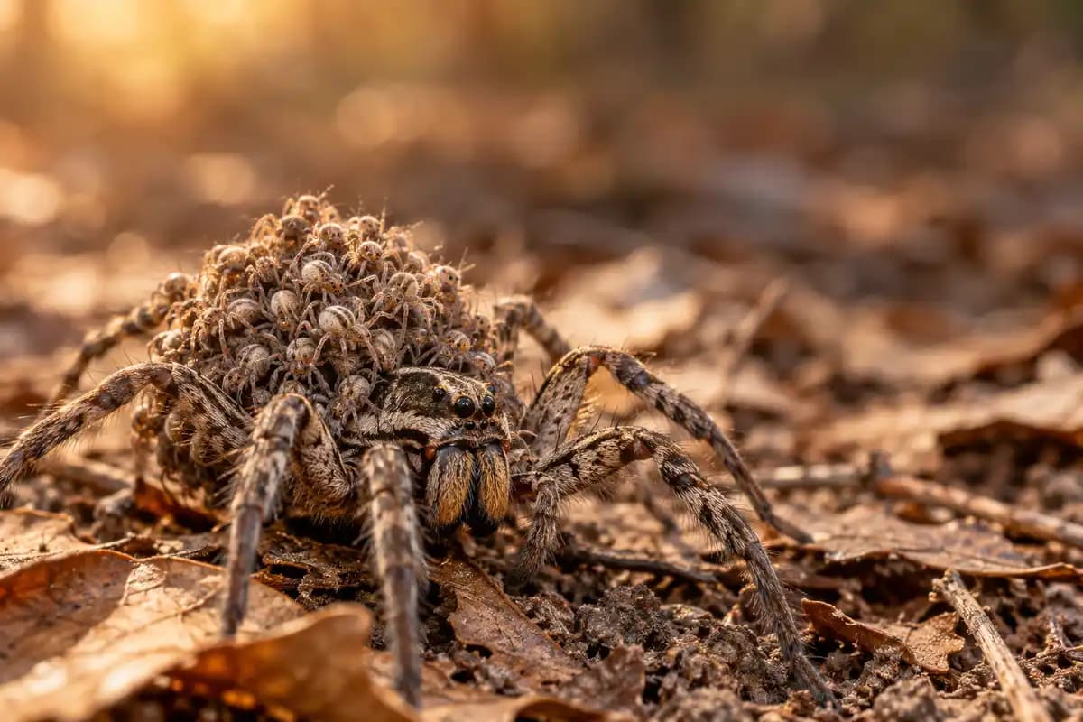 Female wolf spider carrying spiderlings on her back on a forest floor
