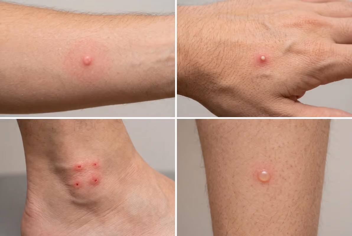 What bug bites look like on skin What bug bites look like: a red circle around a bite, a white head, a cluster of bites and a blister on skin