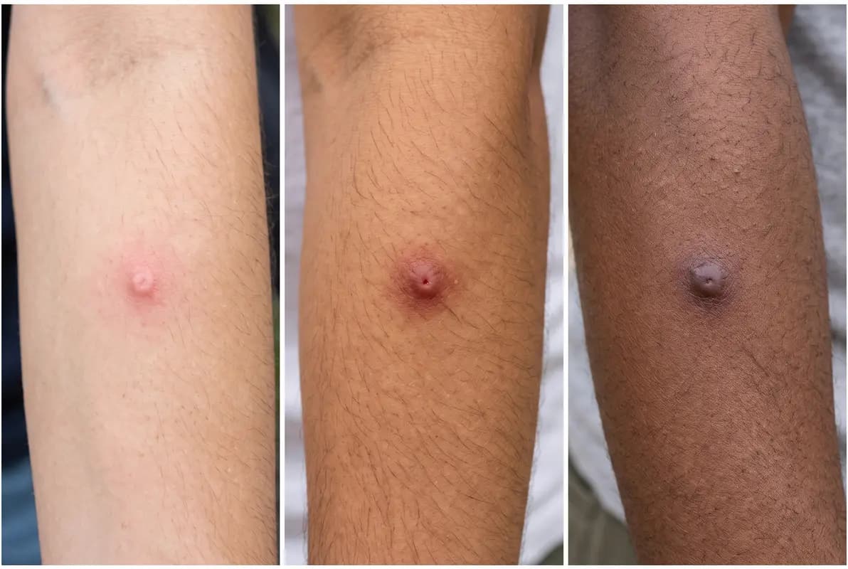 Bug bites on different skin tones Bug bites on skin shown on light, medium and dark skin tones for comparison