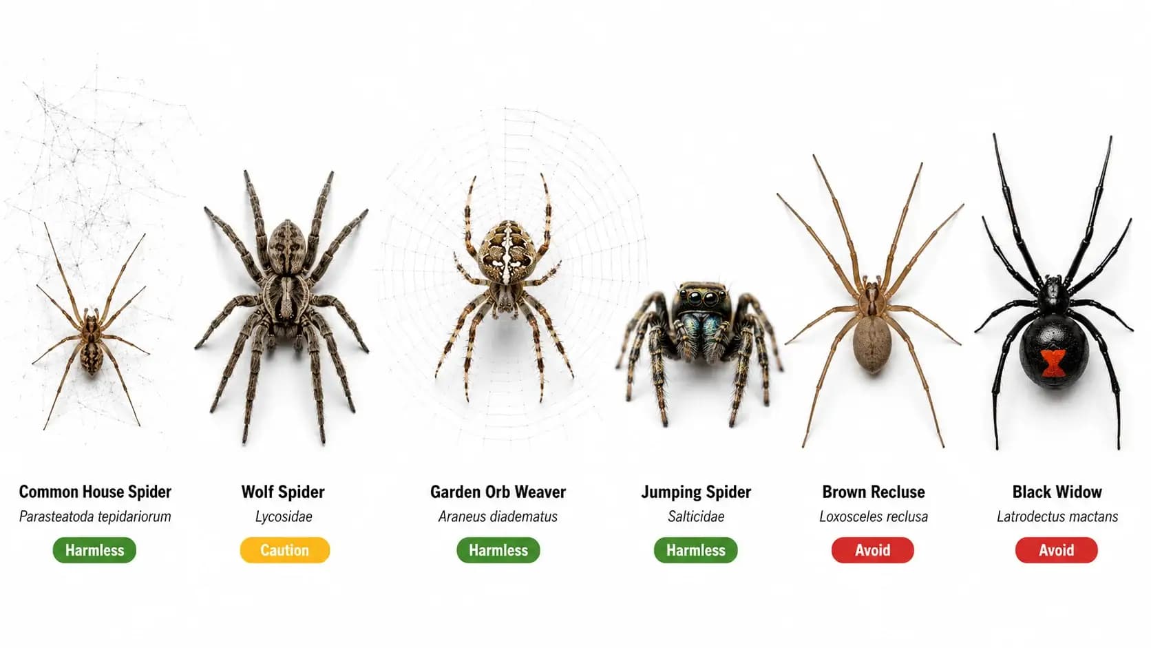 Common types of spiders and their danger level Common types of spiders compared side by side — common house spider, wolf spider, garden orb weaver, jumping spider, brown recluse, and black widow, each labeled harmless, caution, or avoid