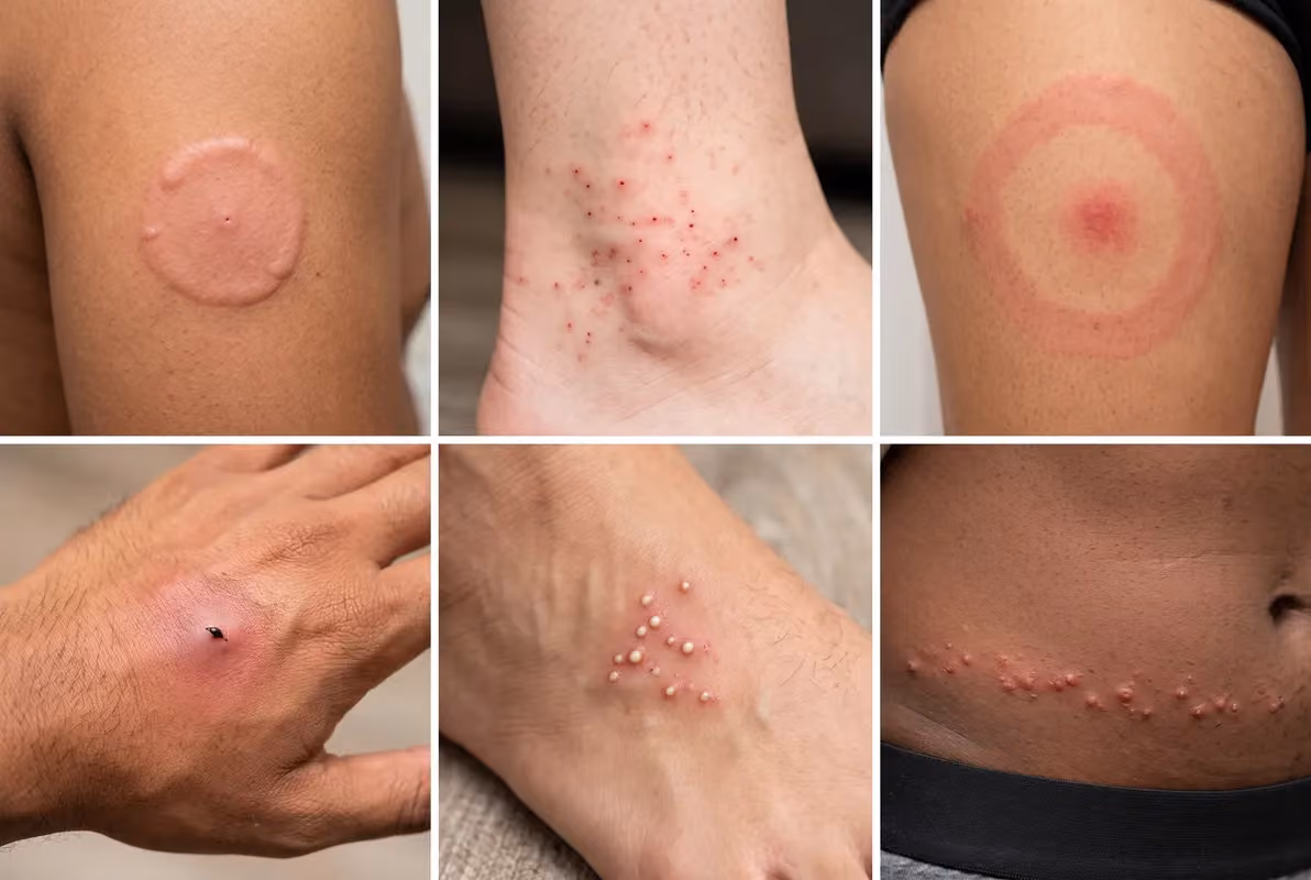 Insect bites and stings on skin Insect bites and stings images showing mosquito, flea, tick, bee sting, fire ant and chigger bites on different skin tones