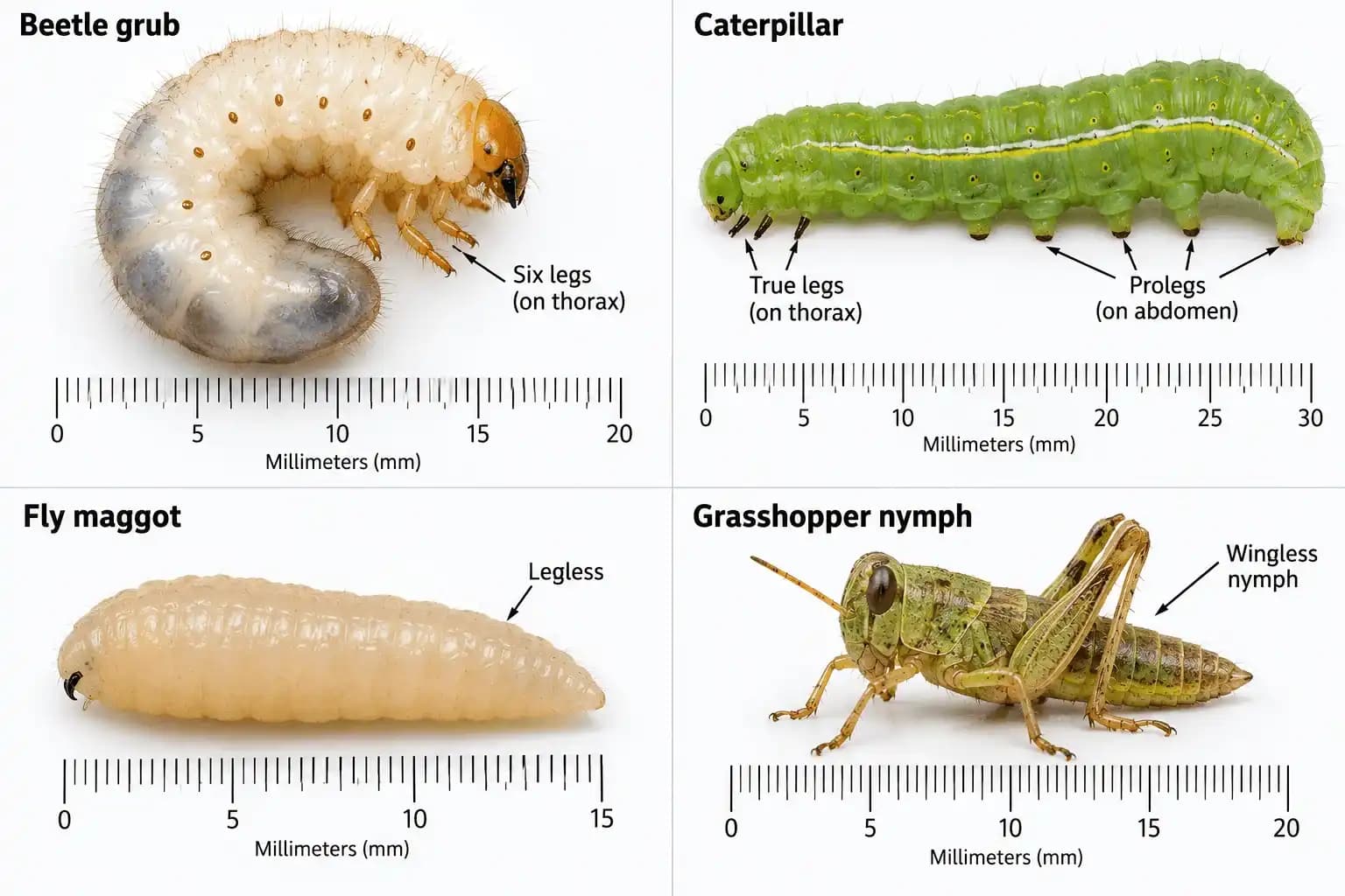 Pictures of insect larvae: beetle grub, caterpillar, fly maggot and grasshopper nymph compared